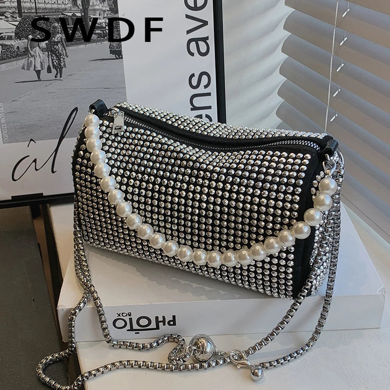 PU Leather Crossbody Bags for Women Lady Beaded Diamond Shoulder Purses Handbags