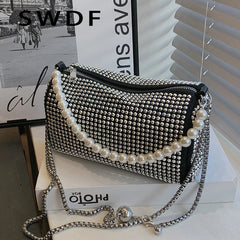PU Leather Crossbody Bags for Women Lady Beaded Diamond Shoulder Purses Handbags