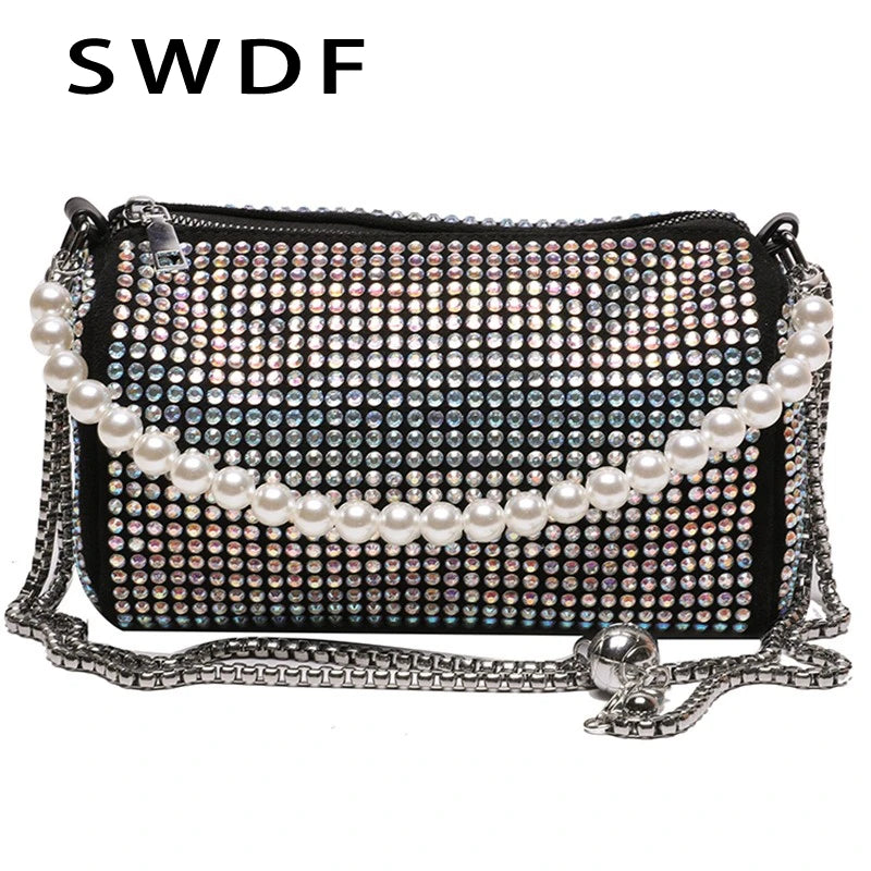 PU Leather Crossbody Bags for Women Lady Beaded Diamond Shoulder Purses Handbags