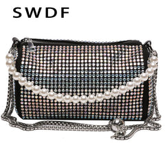 PU Leather Crossbody Bags for Women Lady Beaded Diamond Shoulder Purses Handbags