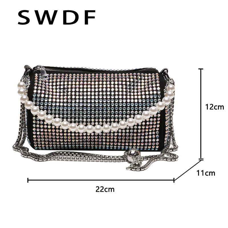 PU Leather Crossbody Bags for Women Lady Beaded Diamond Shoulder Purses Handbags