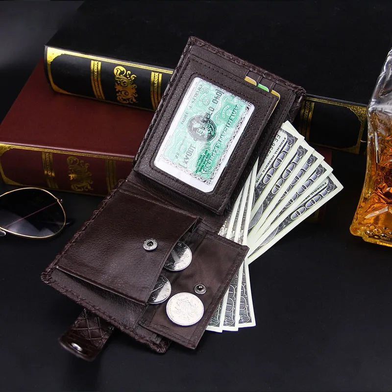 Retro Woven Pattern Leather Men's Short Wallet