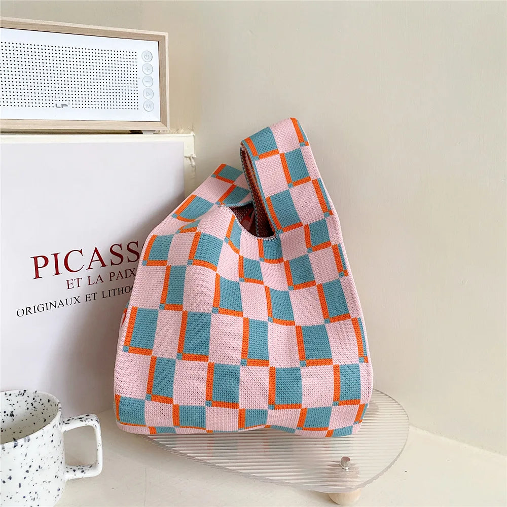 Plaid Niche Girls' Knitting Handbag Women's Shoulder Knitting Fashionable