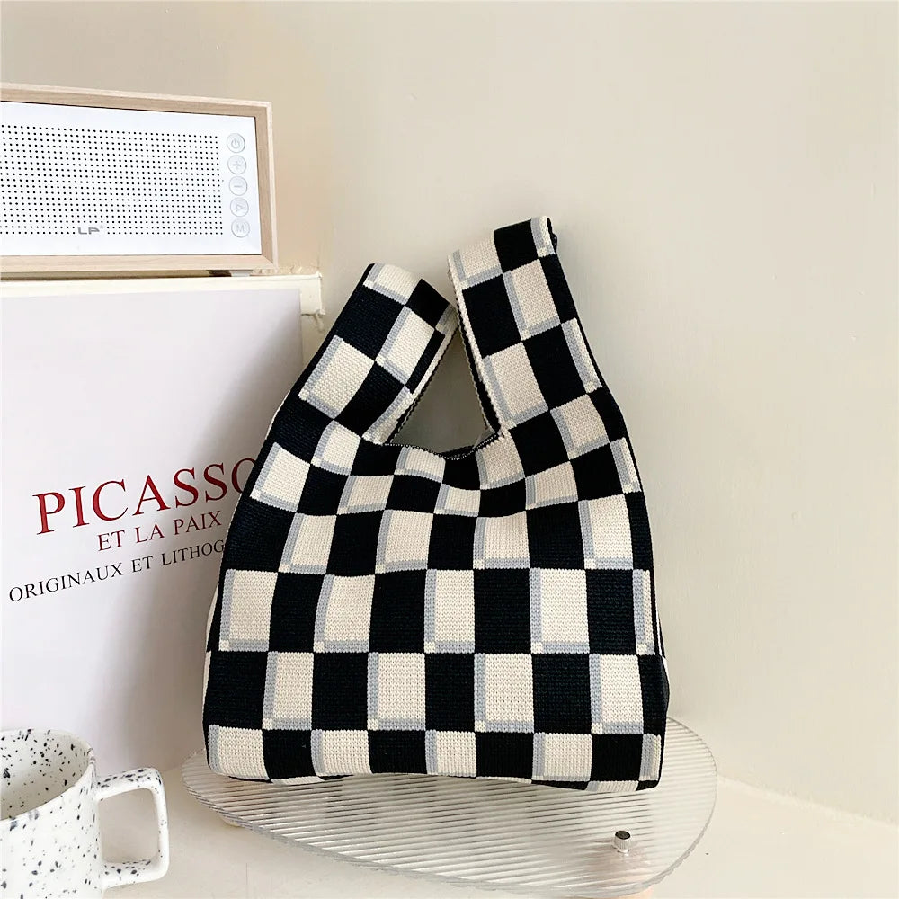 Plaid Niche Girls' Knitting Handbag Women's Shoulder Knitting Fashionable