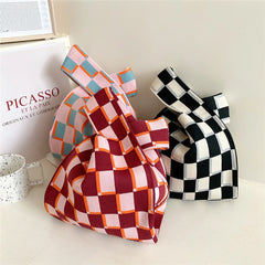 Plaid Niche Girls' Knitting Handbag Women's Shoulder Knitting Fashionable