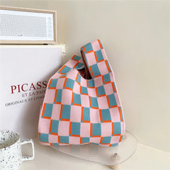 Plaid Niche Girls' Knitting Handbag Women's Shoulder Knitting Fashionable