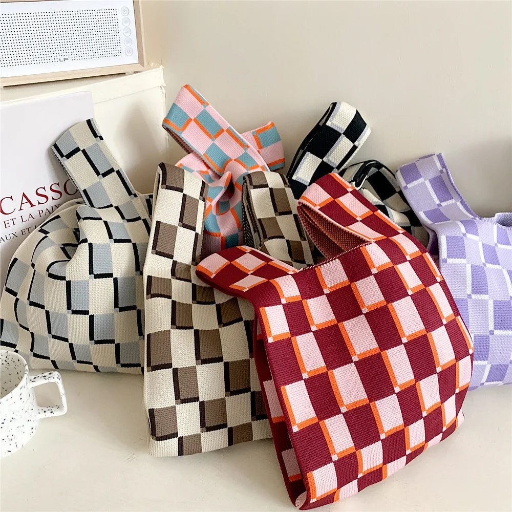 Plaid Niche Girls' Knitting Handbag Women's Shoulder Knitting Fashionable
