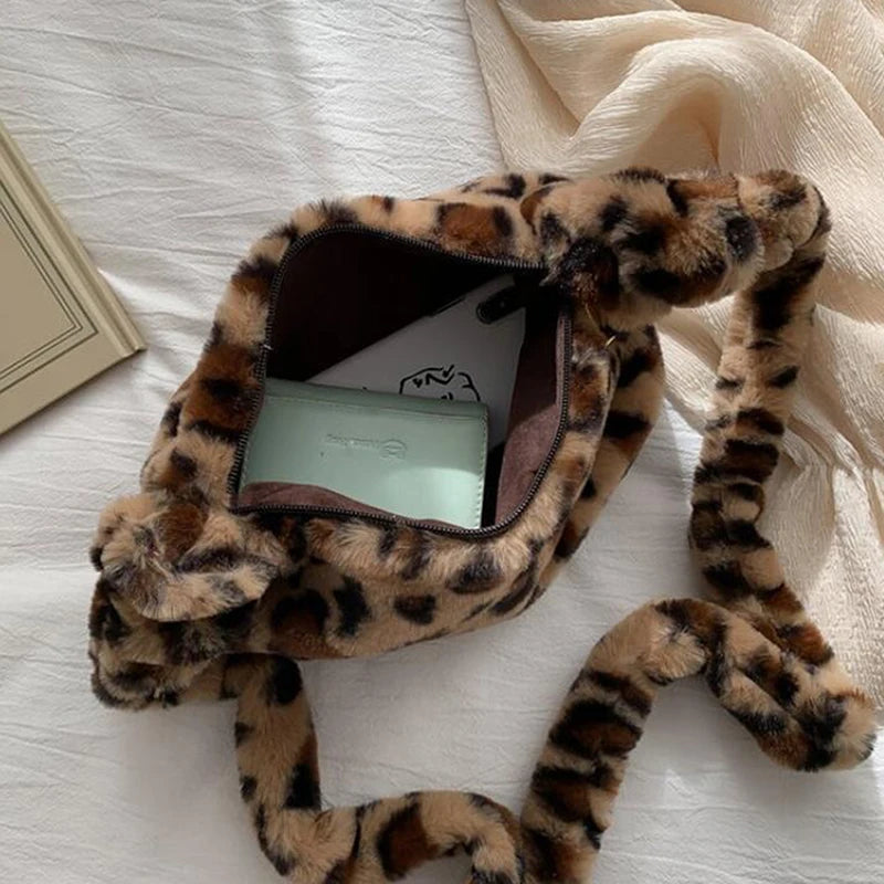 Leopard Shoulder Bag Winter Plush Small Crossbody Soft Women Handbag