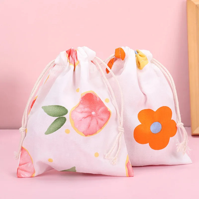Print Cotton Drawstring Bag Small Size Storage Bag Christmas Gift Candy Jewelry