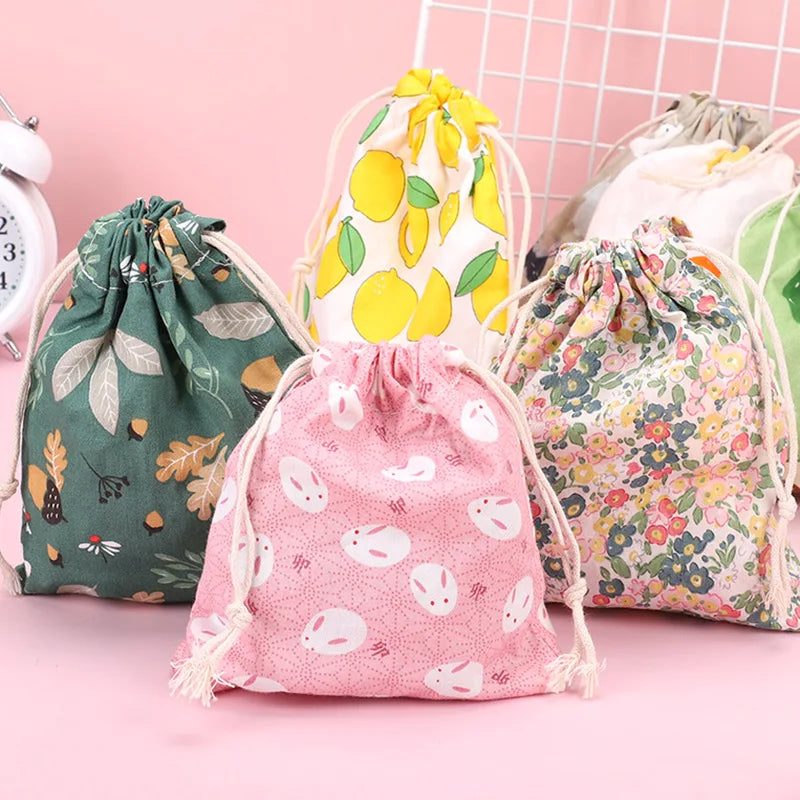 Print Cotton Drawstring Bag Small Size Storage Bag Christmas Gift Candy Jewelry