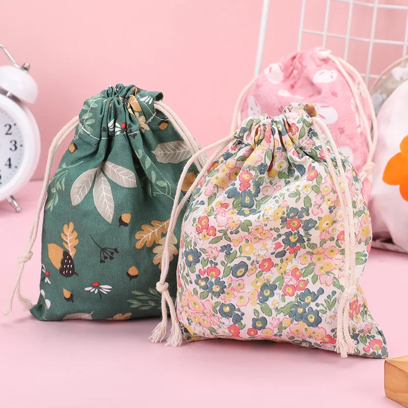 Print Cotton Drawstring Bag Small Size Storage Bag Christmas Gift Candy Jewelry
