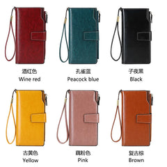 RFID Anti-Theft Unisex Wallet Oil Wax Leather Retro Wallet Large Capacity Clutch
