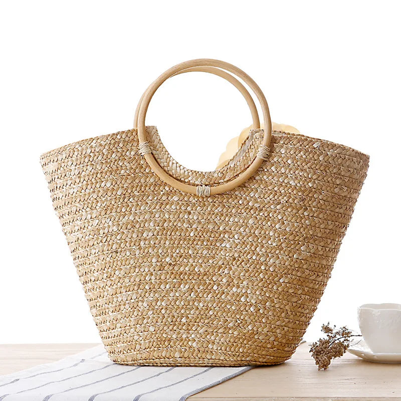 Woven Rattan Handle Bag for Women - Straw Beach Handbag