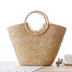 Woven Rattan Handle Bag for Women - Straw Beach Handbag