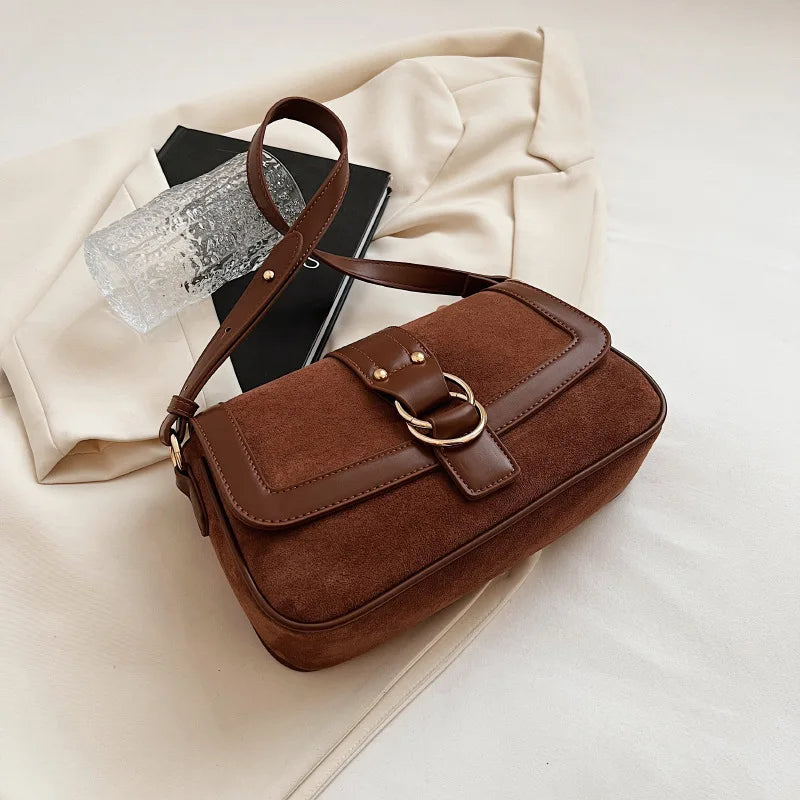 Retro Suede Shoulder Crossbody Bags Women Winter Double Ring Buckle