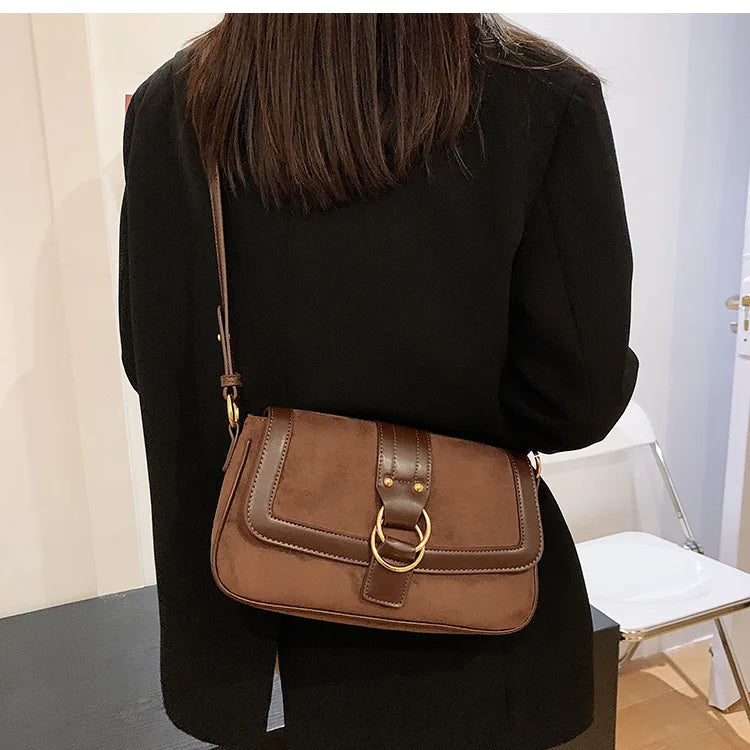 Retro Suede Shoulder Crossbody Bags Women Winter Double Ring Buckle