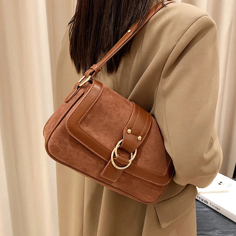 Retro Suede Shoulder Crossbody Bags Women Winter Double Ring Buckle