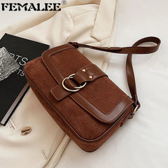 Retro Suede Shoulder Crossbody Bags Women Winter Double Ring Buckle