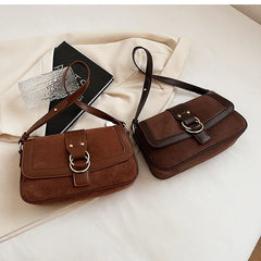 Retro Suede Shoulder Crossbody Bags Women Winter Double Ring Buckle