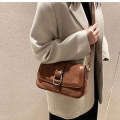 Retro Suede Shoulder Crossbody Bags Women Winter Double Ring Buckle