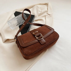 Retro Suede Shoulder Crossbody Bags Women Winter Double Ring Buckle