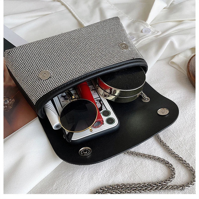 Rhinestone Evening Bag PU Leather Chain Clutch Shoulder Bags