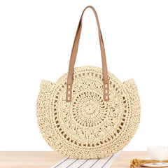 Round Beach Bag Vintage Woven Shoulder Bag Raffia Circle Rattan Bags