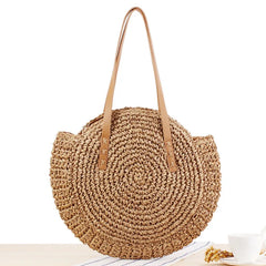 Round Beach Bag Vintage Woven Shoulder Bag Raffia Circle Rattan Bags