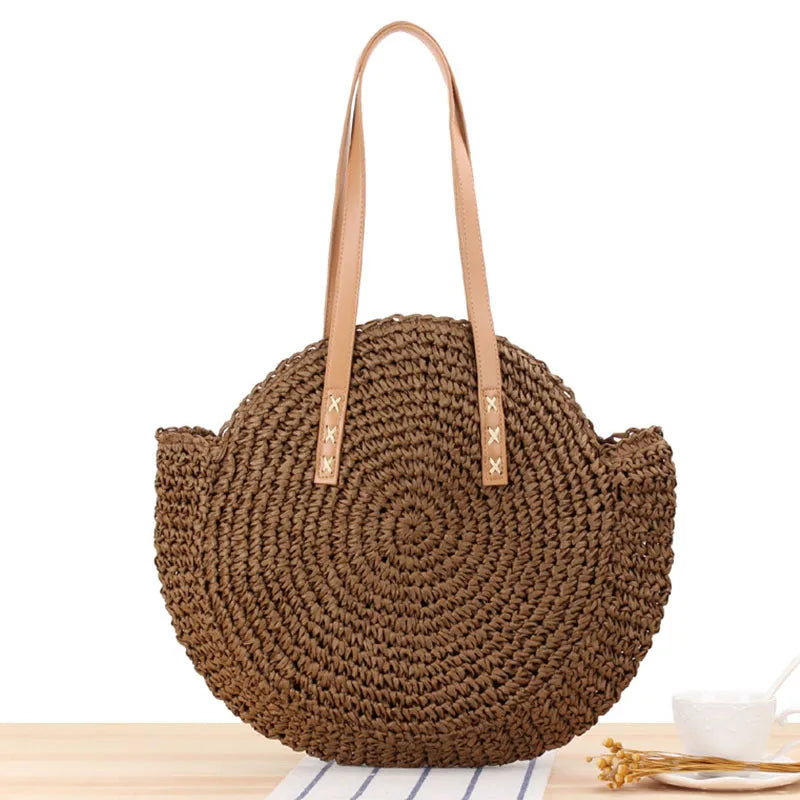 Round Beach Bag Vintage Woven Shoulder Bag Raffia Circle Rattan Bags