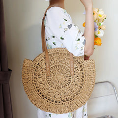 Hollow Flower Straw Woven Bag Casual Beach Tote Handbag