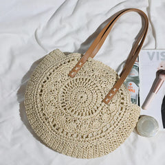 Hollow Flower Straw Woven Bag Casual Beach Tote Handbag