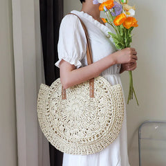 Hollow Flower Straw Woven Bag Casual Beach Tote Handbag