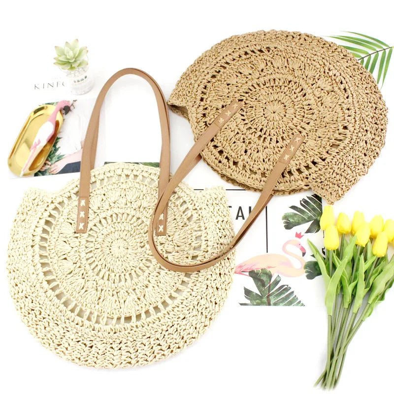 Hollow Flower Straw Woven Bag Casual Beach Tote Handbag
