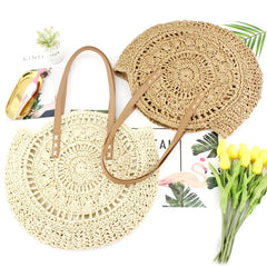 Hollow Flower Straw Woven Bag Casual Beach Tote Handbag