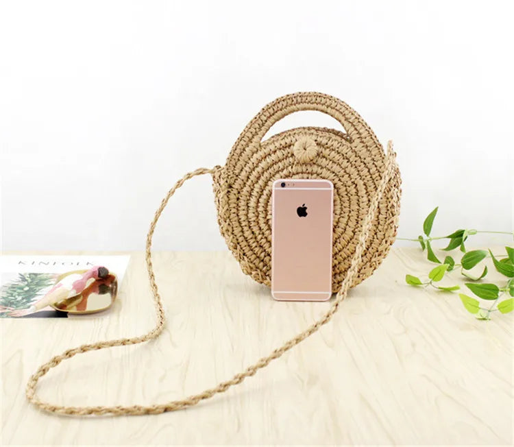 Round Straw Beach Bag Vintage Crossbody Rattan Bag Small Bohemian Shoulder