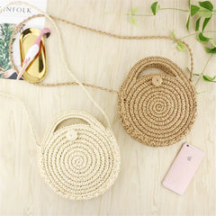 Round Straw Beach Bag Vintage Crossbody Rattan Bag Small Bohemian Shoulder