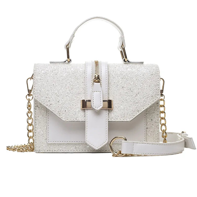 Sequined Crossbody Bag Chain PU Leather Small Square Handbag