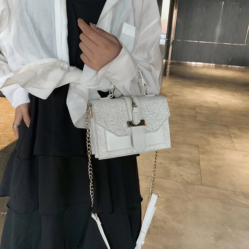 Sequined Crossbody Bag Chain PU Leather Small Square Handbag