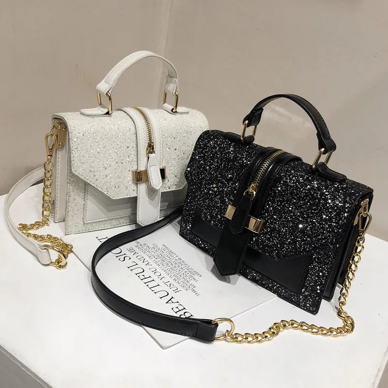 Sequined Crossbody Bag Chain PU Leather Small Square Handbag