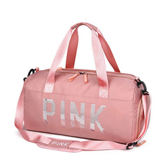 Pink Sequins Gym Bag with Shoe Compartment, Waterproof Sport Bag for Women