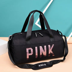 Pink Sequins Gym Bag with Shoe Compartment, Waterproof Sport Bag for Women