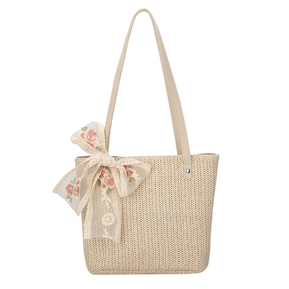 Woven Flower Lace Ribbon Shoulder Tote Bag for Women