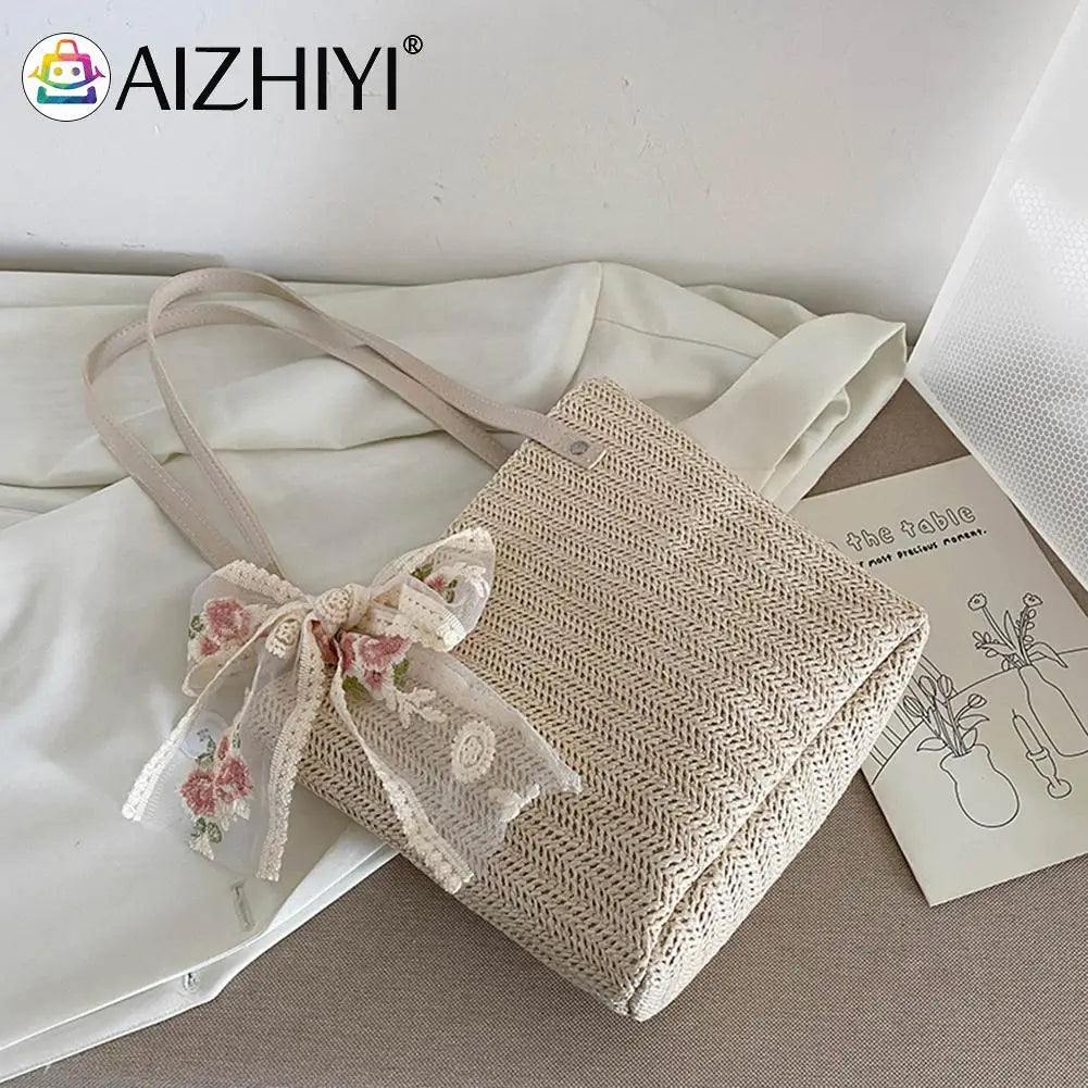 Woven Flower Lace Ribbon Shoulder Tote Bag for Women