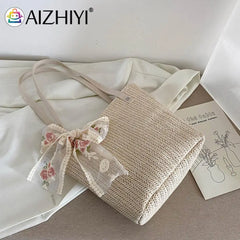 Woven Flower Lace Ribbon Shoulder Tote Bag for Women