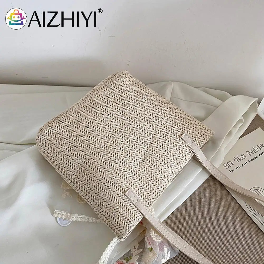 Woven Flower Lace Ribbon Shoulder Tote Bag for Women