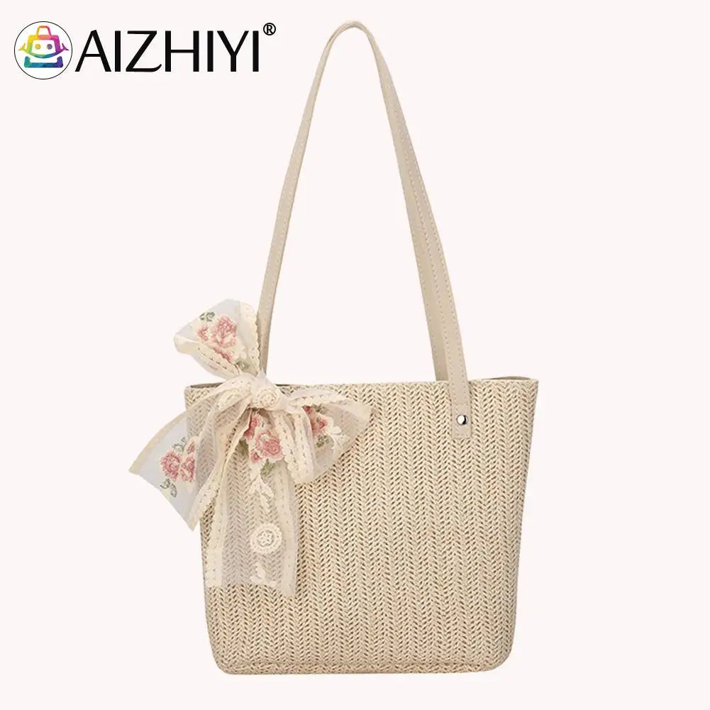 Woven Flower Lace Ribbon Shoulder Tote Bag for Women