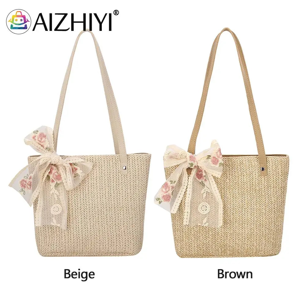 Woven Flower Lace Ribbon Shoulder Tote Bag for Women