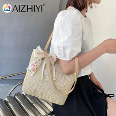 Woven Flower Lace Ribbon Shoulder Tote Bag for Women