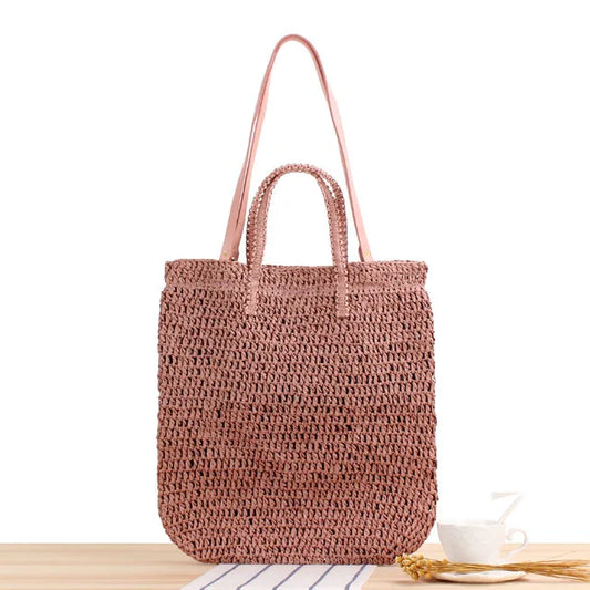Mori Style Beach Straw Bag Solid Hollow Shoulder Dual-Use Woven