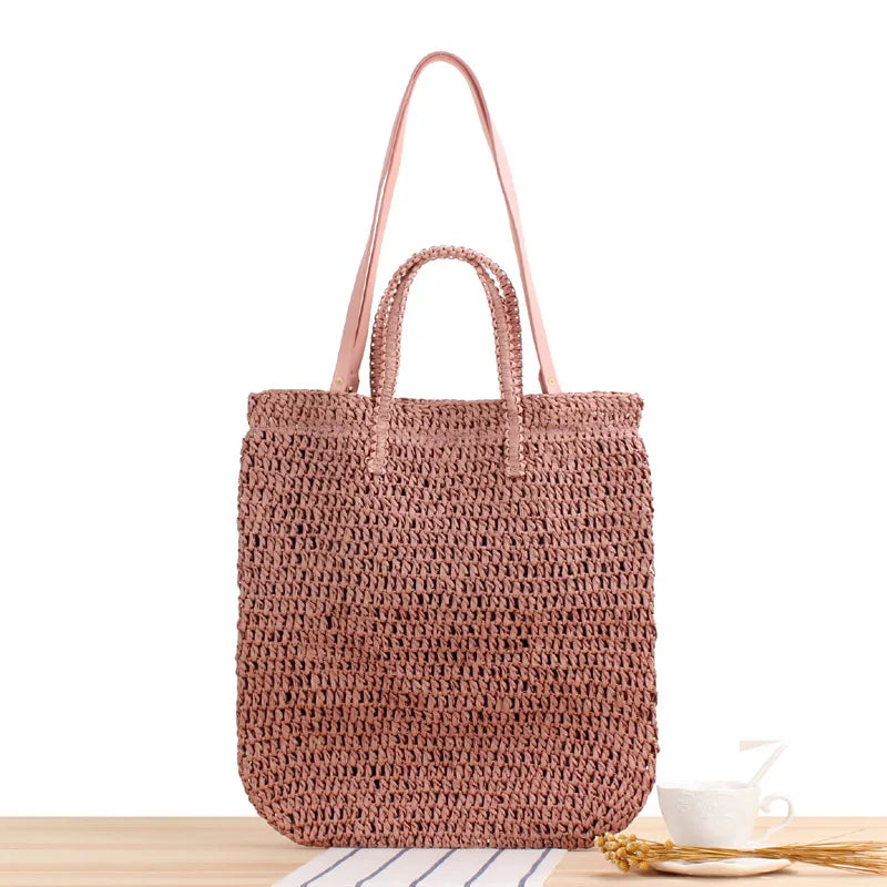 Mori Style Beach Straw Bag Solid Hollow Shoulder Dual-Use Woven